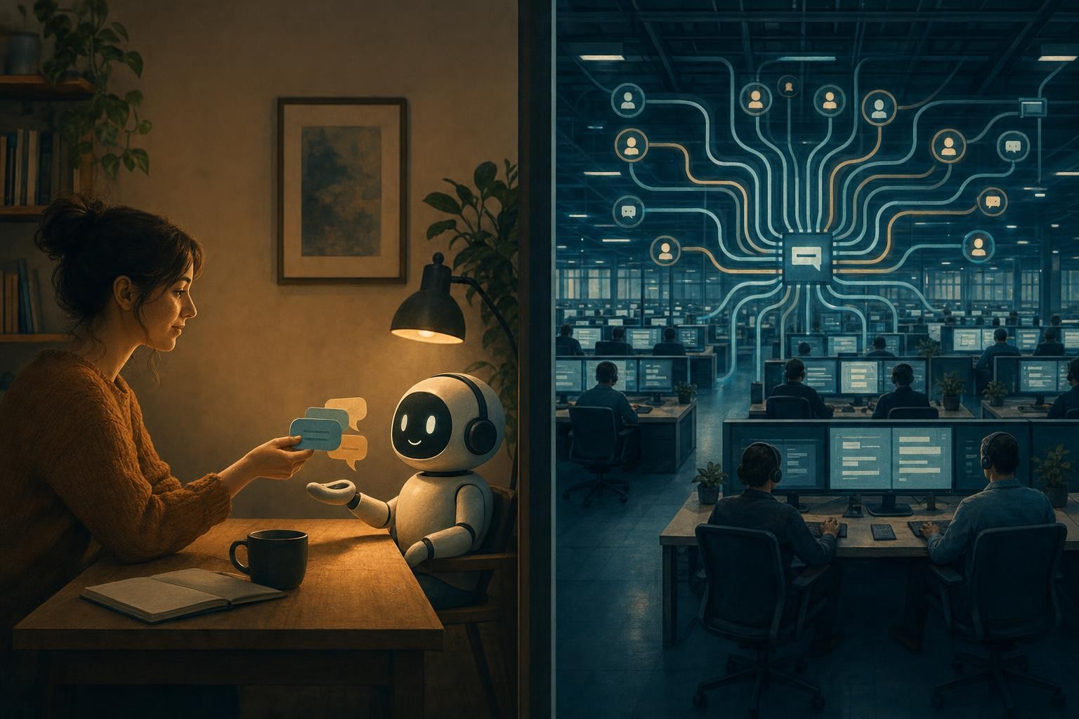 A personal AI assistant handling a few conversations beside a large operations room routing many at scale