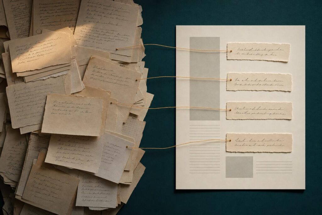 A pile of handwritten notes on the left, with a few fragments lifted out and pinned as headlines on a clean page on the right, joined by amber threads