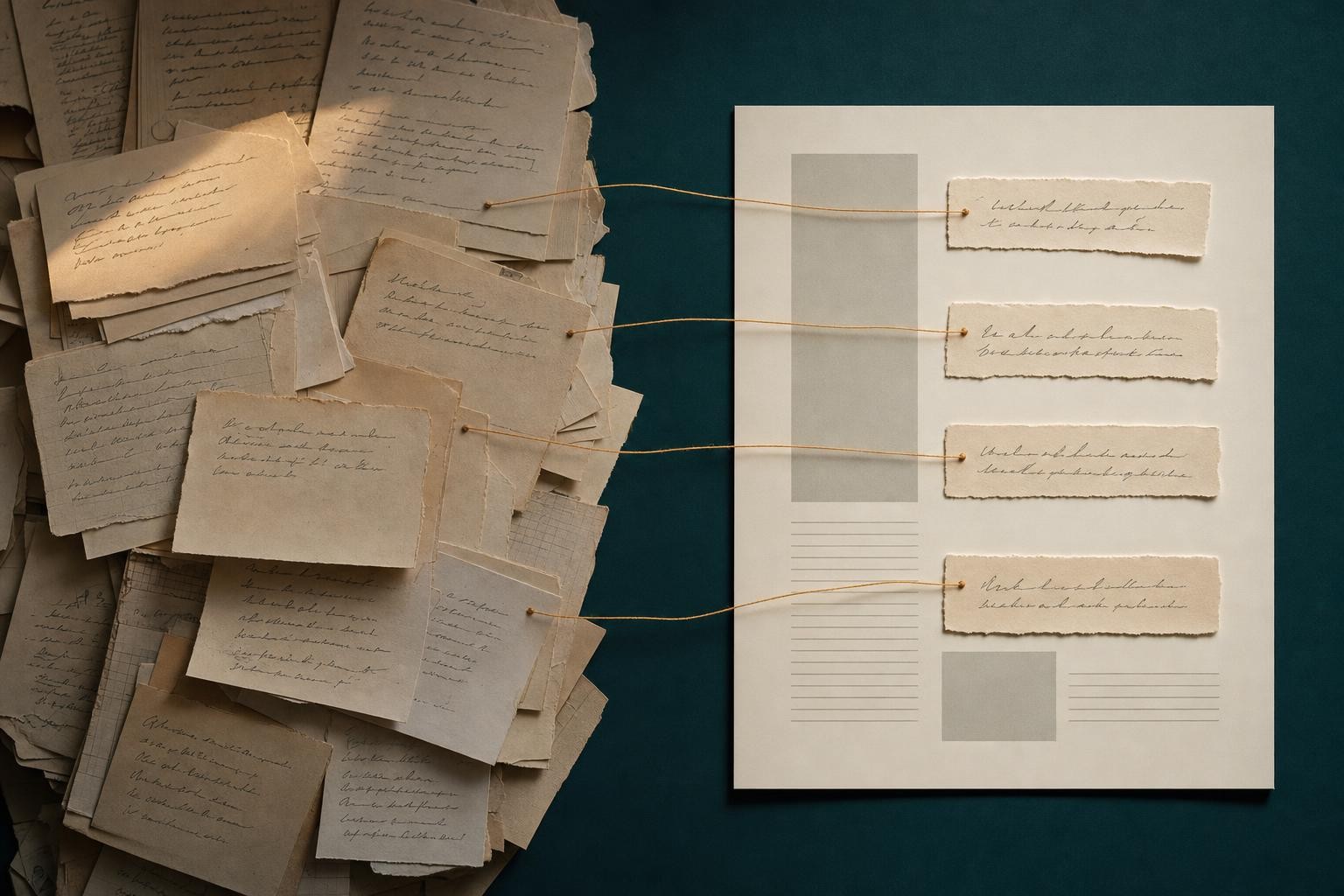 A pile of handwritten notes on the left, with a few fragments lifted out and pinned as headlines on a clean page on the right, joined by amber threads